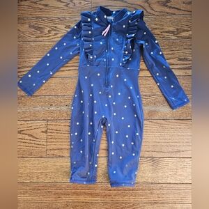 Boden Mini Navy Polka Dot Ruffle One-Piece Swimsuit Bodysuit 4-5Y Girl Swim Surf